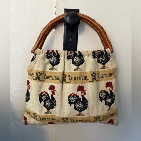 Handbags - Vintage Portugal Rooster Fabric Woven Bamboo Top Handle Boho Bag